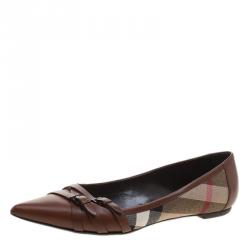 Pre Owned Burberry Brown Leather and Novacheck Canvas Buckle Detail Pointed Toe Ballet Flats Size 41