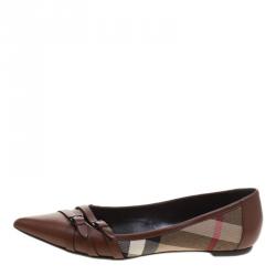 مملوكة مسبقًا Burberry Brown Leather and Novacheck Canvas Buckle Detail Pointed Toe Ballet Flats Size 41
