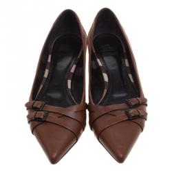 مملوكة مسبقًا Burberry Brown Leather and Novacheck Canvas Buckle Detail Pointed Toe Ballet Flats Size 41