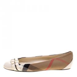 Pre Owned Burberry Beige Nova Check Canvas and Cream Leather Buckle Detail Ballet Flats Size 38.5