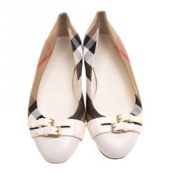Pre Owned Burberry Beige Nova Check Canvas and Cream Leather Buckle Detail Ballet Flats Size 38.5