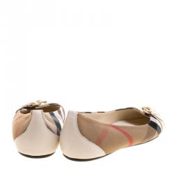 Pre Owned Burberry Beige Nova Check Canvas and Cream Leather Buckle Detail Ballet Flats Size 38.5