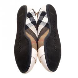 Pre Owned Burberry Beige Nova Check Canvas and Cream Leather Buckle Detail Ballet Flats Size 38.5