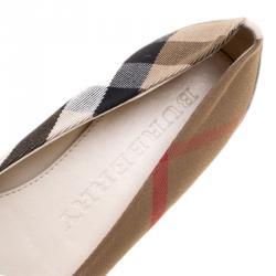 Pre Owned Burberry Beige Nova Check Canvas and Cream Leather Buckle Detail Ballet Flats Size 38.5