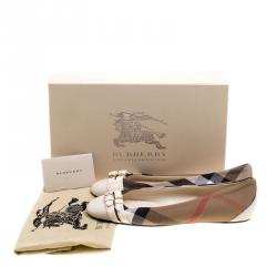 Pre Owned Burberry Beige Nova Check Canvas and Cream Leather Buckle Detail Ballet Flats Size 38.5