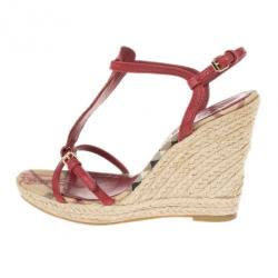مملوكة مسبقًا Burberry Red Leather Novacheck T Strap Espadrilles Wedges Size 37