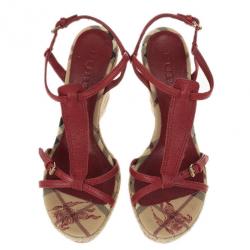 مملوكة مسبقًا Burberry Red Leather Novacheck T Strap Espadrilles Wedges Size 37