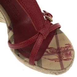 مملوكة مسبقًا Burberry Red Leather Novacheck T Strap Espadrilles Wedges Size 37