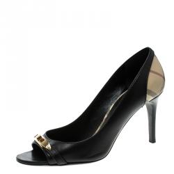 مملوكة مسبقًا Burberry Black Leather and Novacheck Canvas Peep Toe Pumps Size 38
