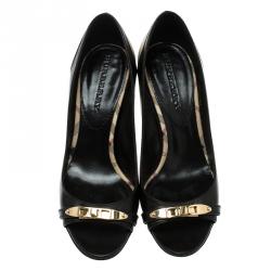مملوكة مسبقًا Burberry Black Leather and Novacheck Canvas Peep Toe Pumps Size 38