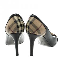 مملوكة مسبقًا Burberry Black Leather and Novacheck Canvas Peep Toe Pumps Size 38