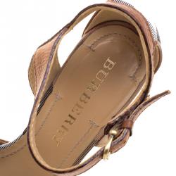 مملوكة مسبقًا Burberry Brown Leather and Housecheck Fabric Ankle Strap Sandals Size 38