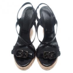 مملوكة مسبقًا Burberry Black Patent Check Espadrilles Wedge Sandals Size 38
