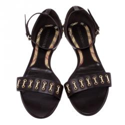 مملوكة مسبقًا Burberry Brown Leather Ankle Strap Open Toe Flat Sandals Size 38