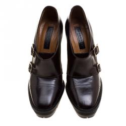 Pre Owned Burberry Brown Leather Monk Strap Platfrom Ankle Boots Size 38.5