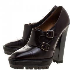 Pre Owned Burberry Brown Leather Monk Strap Platfrom Ankle Boots Size 38.5