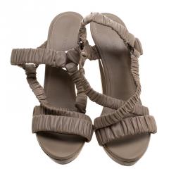 Pre Owned Burberry Beige Ruched Leather Cross Strap Platform Sandals Size 40.5