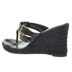 مملوكة مسبقًا Burberry Black Leather Thong Espadrilles Wedges Size 38