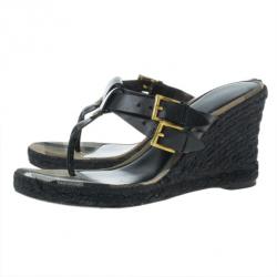 مملوكة مسبقًا Burberry Black Leather Thong Espadrilles Wedges Size 38