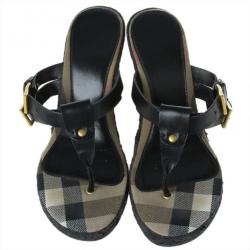 مملوكة مسبقًا Burberry Black Leather Thong Espadrilles Wedges Size 38