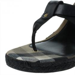مملوكة مسبقًا Burberry Black Leather Thong Espadrilles Wedges Size 38