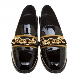 Burberry Black Patent Leather Chain Detail Loafers Size 38