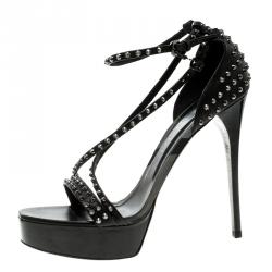 Pre Owned Burberry Black Leather Criss Cross Studded Platform Sandals Size 40