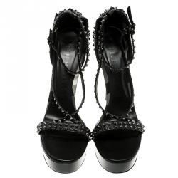 Pre Owned Burberry Black Leather Criss Cross Studded Platform Sandals Size 40