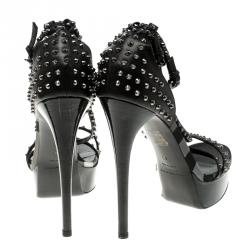 Pre Owned Burberry Black Leather Criss Cross Studded Platform Sandals Size 40