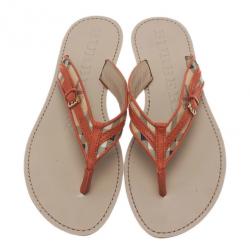 Pre Owned صندل بربري شيك كانفاس وجلد برتقالي مقاس 40