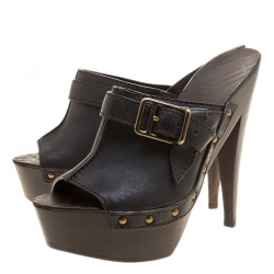 Pre Owned Burberry Dark Brown Leather Wooden Platform Peep Toe Slides Size 40