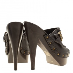 Pre Owned Burberry Dark Brown Leather Wooden Platform Peep Toe Slides Size 40