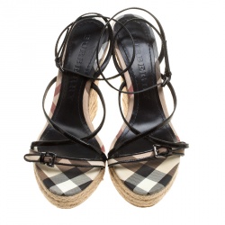 Pre Owned Burberry Black Leather Cross Strap Espadrille Wedge Sandals Size 39