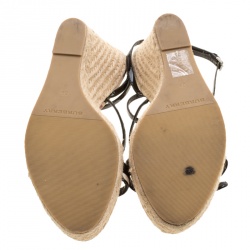 Pre Owned Burberry Black Leather Cross Strap Espadrille Wedge Sandals Size 39