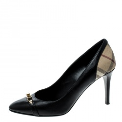 Pre Owned  Burberry Black Leather And Novacheck Canvas Balmore Pumps Size 38