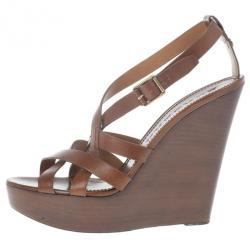مملوكة مسبقًا Burberry Brown Delamer Leather Platform Wedge Sandals Size 41
