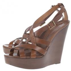 مملوكة مسبقًا Burberry Brown Delamer Leather Platform Wedge Sandals Size 41