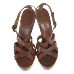 مملوكة مسبقًا Burberry Brown Delamer Leather Platform Wedge Sandals Size 41