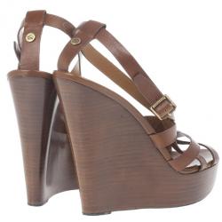 مملوكة مسبقًا Burberry Brown Delamer Leather Platform Wedge Sandals Size 41