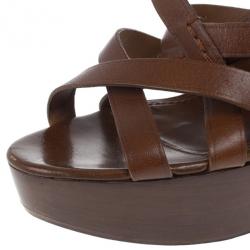مملوكة مسبقًا Burberry Brown Delamer Leather Platform Wedge Sandals Size 41