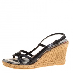 Pre Owned Burberry Black Leather Slingback Espadrille Wedge Sandals Size 39