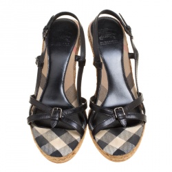 Pre Owned Burberry Black Leather Slingback Espadrille Wedge Sandals Size 39