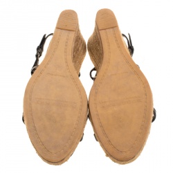 Pre Owned Burberry Black Leather Slingback Espadrille Wedge Sandals Size 39