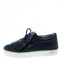 Pre Owned Burberry Navy Blue Leather Kiltie Fringe Slip On Sneakers Size 37