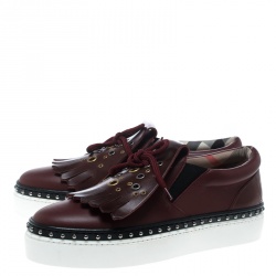 Pre Owned Burberry Burgundy Leather Kiltie Fringe Slip On Sneakers Size 37