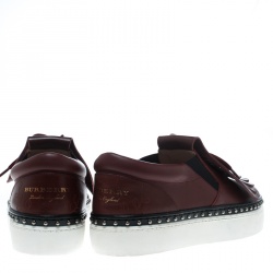 Pre Owned Burberry Burgundy Leather Kiltie Fringe Slip On Sneakers Size 37