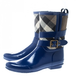 Pre Owned Burberry Beige House Check Canvas and Blue Rubber Rain Boots Size 39