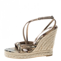 Burberry Beige Nova Check Canvas and Metallic Leather Cross Strap Espadrille Wedge Sandals Size 38