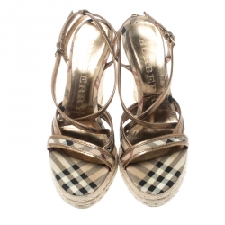 Burberry Beige Nova Check Canvas and Metallic Leather Cross Strap Espadrille Wedge Sandals Size 38