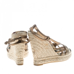 Burberry Beige Nova Check Canvas and Metallic Leather Cross Strap Espadrille Wedge Sandals Size 38